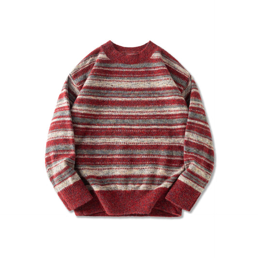 Male Loose Fit Retro Knitwear Crew-neck Striped Sweater