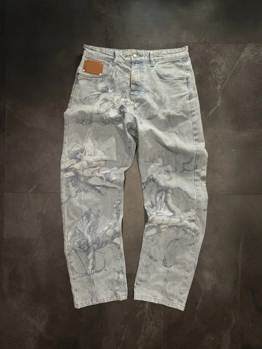 Casual All-match Graffiti Washed Worn Jeans